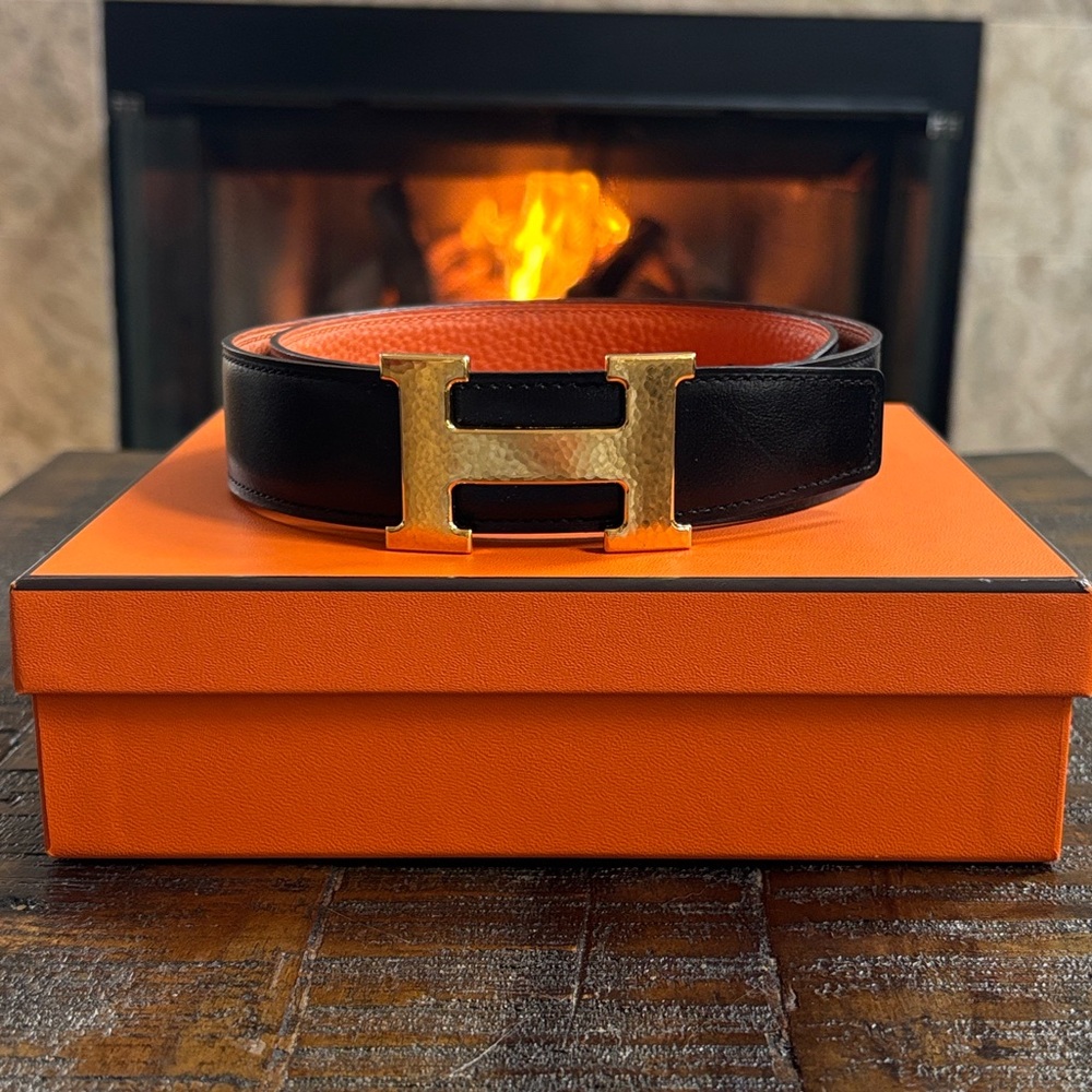 Hermes Black and Orange Leather Belt. Classic H Gold Buckle.